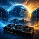 AI Compute War showing advanced GPU graphics card, modern AI data centers and global artificial intelligence infrastructure.