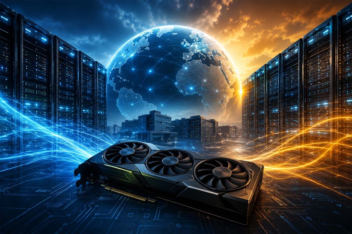 AI Compute War showing advanced GPU graphics card, modern AI data centers and global artificial intelligence infrastructure.