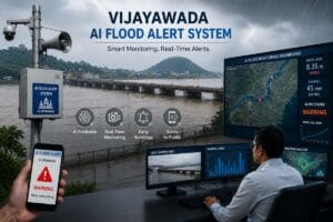విజయవాడలో వరద హెచ్చరిక కోసం ప్రారంభించిన AI ఆధారిత సిటీ ఫ్లడ్ అలర్ట్ ప్లాట్‌ఫారమ్ స్క్రీన్‌గ్రాబ్